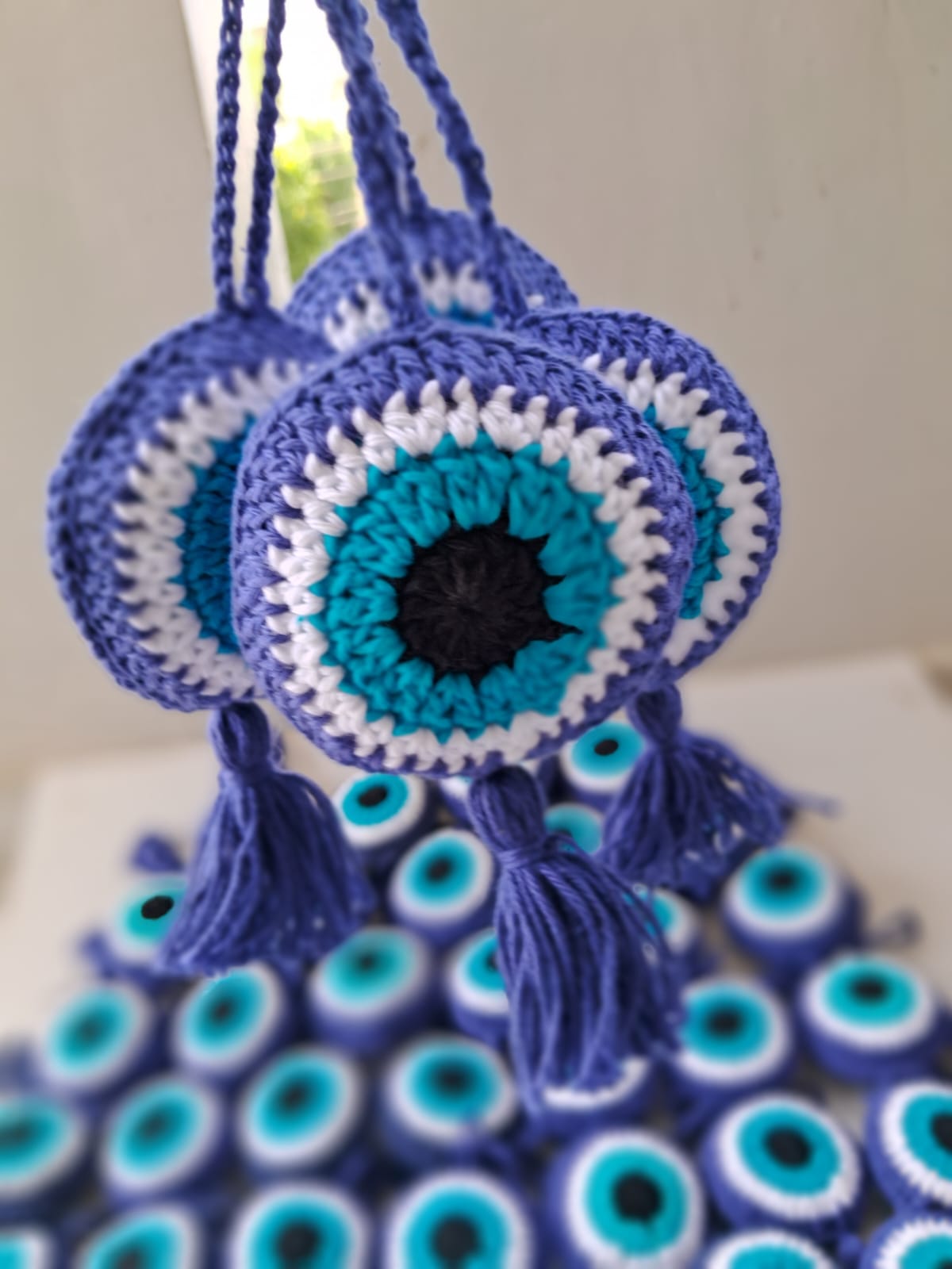 Handmade Crochet Evil Eye Bag Charm | Protective Keychain with Tassel | (Pack of 1)