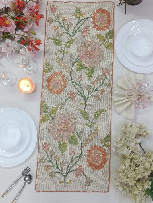 Hand-Beaded Floral Table Runner - 13x36 Inch - Pink & Green Botanical Embroidery