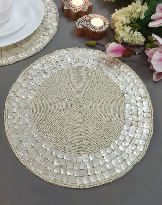 Handmade Beaded Table Mats Set of 4 (14 Inch) – Elegant Ivory Pearl Round Placemats for Dining Table