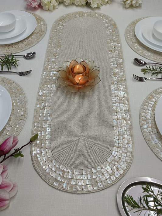 Handmade Beaded Table Runner (13 x 36 inches) – Elegant Pearl Ivory Dining Table Decor with Intricate Handwork