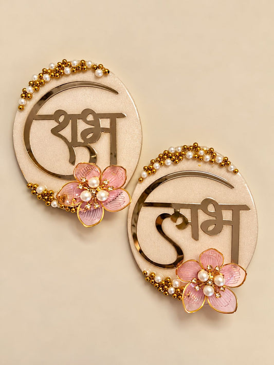 Handmade Resin Shubh Laabh Wall Hanging with Pink Flowers | MDF Festive Decor