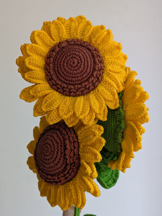 Handcrafted Crochet Sunflower – Double Layered with Leaf | 14 Inch Floral Decor