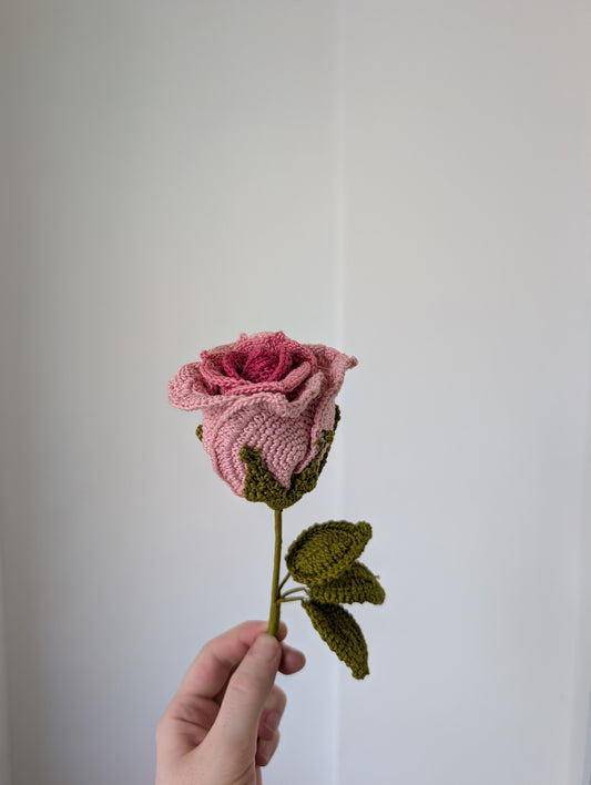 Handcrafted Crochet Rose – Pink Yarn Flower with Leaves | 11.5 Inch Floral Decor