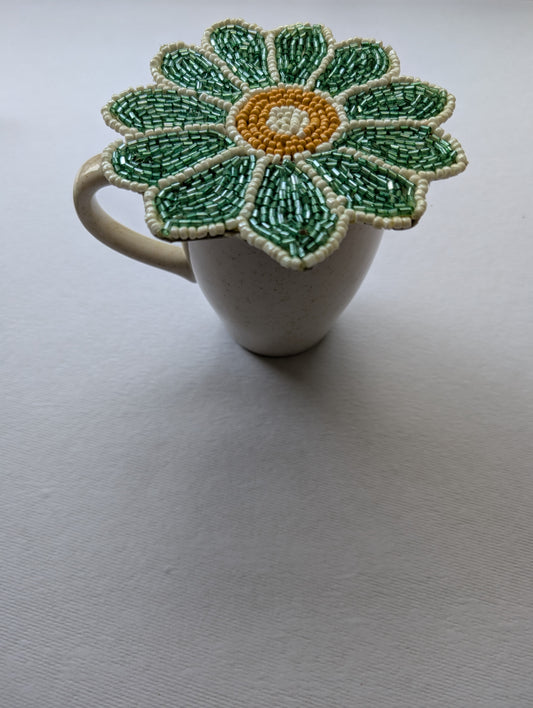 Handmade Green Floral Beaded Coasters – Set of 4