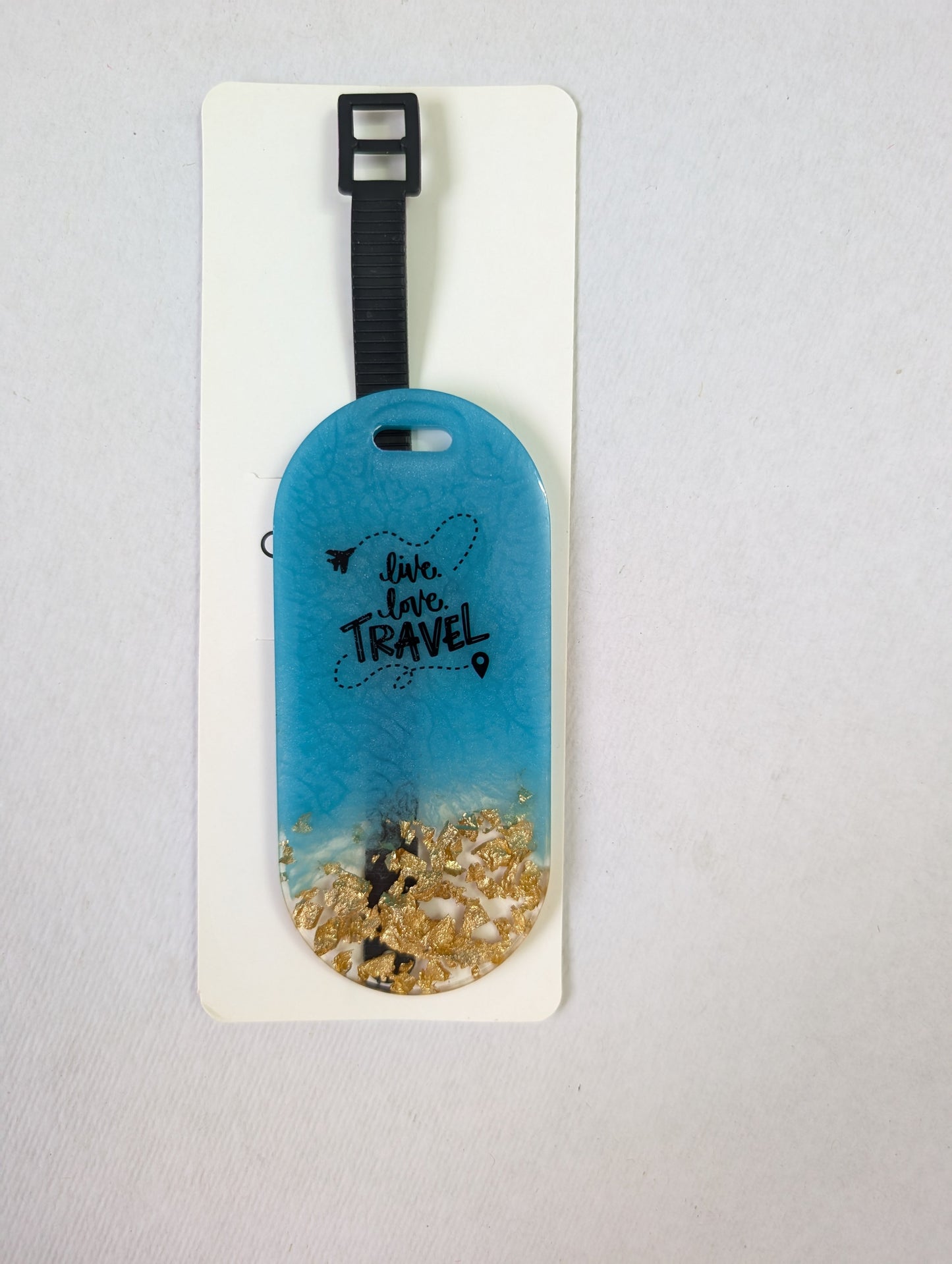 Handmade Resin Luggage Tag – "Live Love Travel" Design with Belt Strap