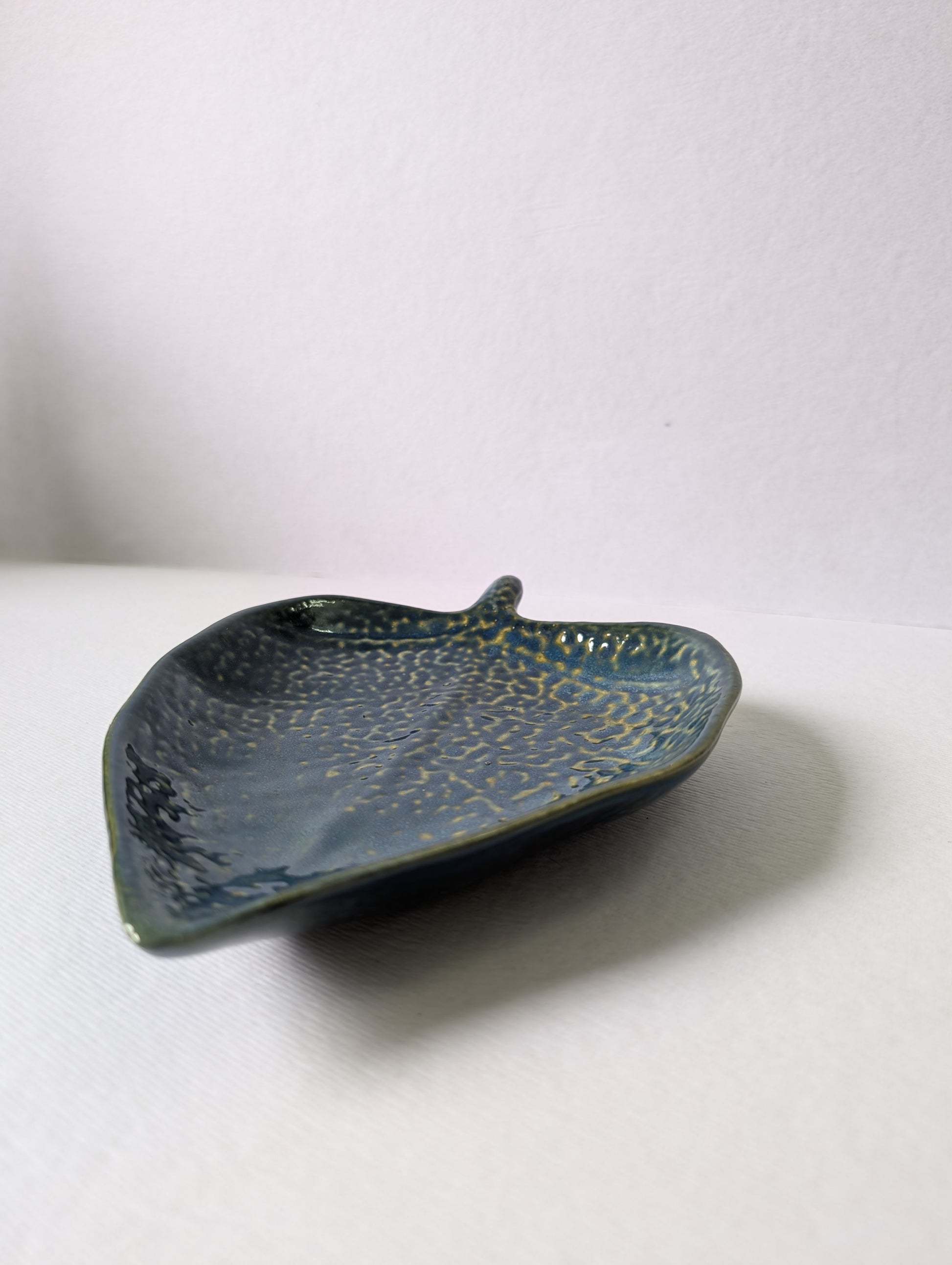 Ceramic leaf-shaped dish with textured surface on a white background