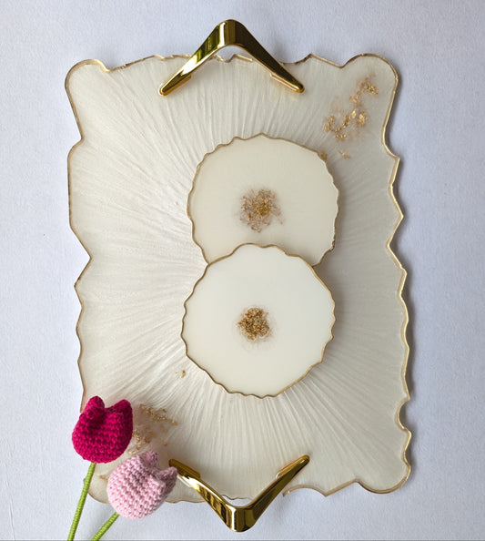 Elegant Handmade Resin Tray & Coasters Set – White & Gold | 9x12 inch Tray + 2 Coasters