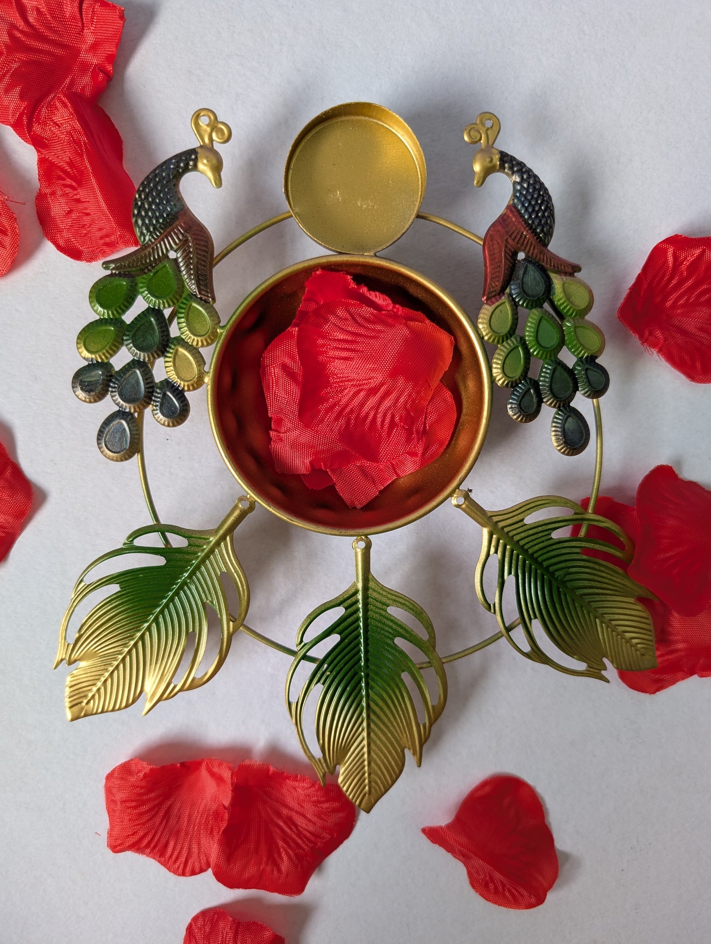 Metal Peacock Urli Bowl with Leaf Design – 8 Inches Decorative Urli for Home Décor