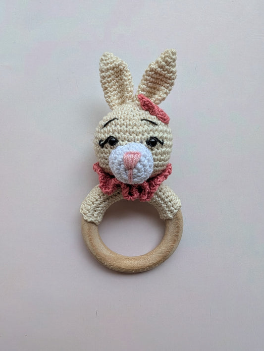 Handmade Crochet Bunny Baby Rattle with Wooden Ring – Soft Amigurumi Toy (5 Inches)