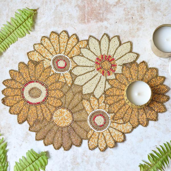 Handcrafted Beaded Floral Table Mat – Multicolor Daisy Placemat for Elegant Décor