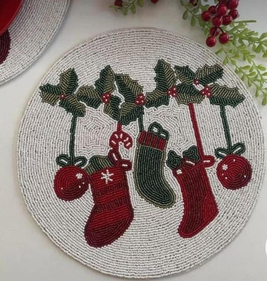 Christmas Beaded Table Mat – Handcrafted Holiday Placemat with Stockings & Holly Design