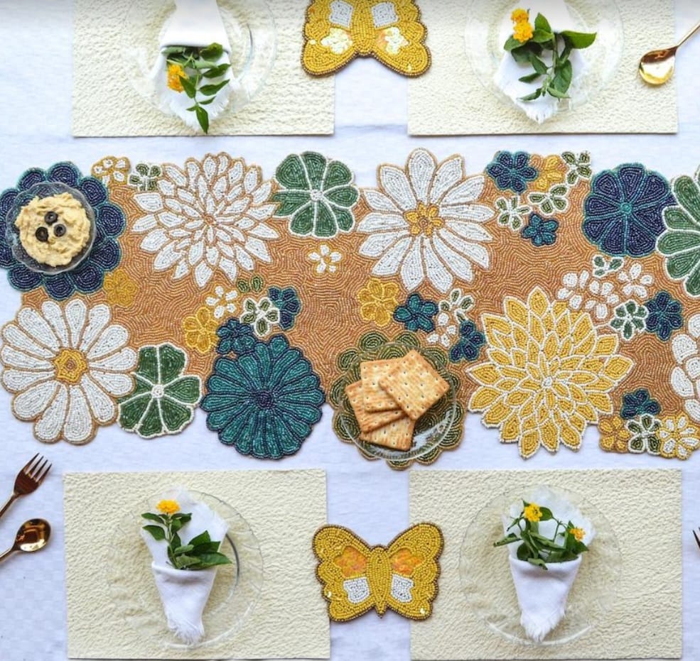 Handcrafted Floral Beaded Table Runner – Multicolor Bloom, 13x36 Inches