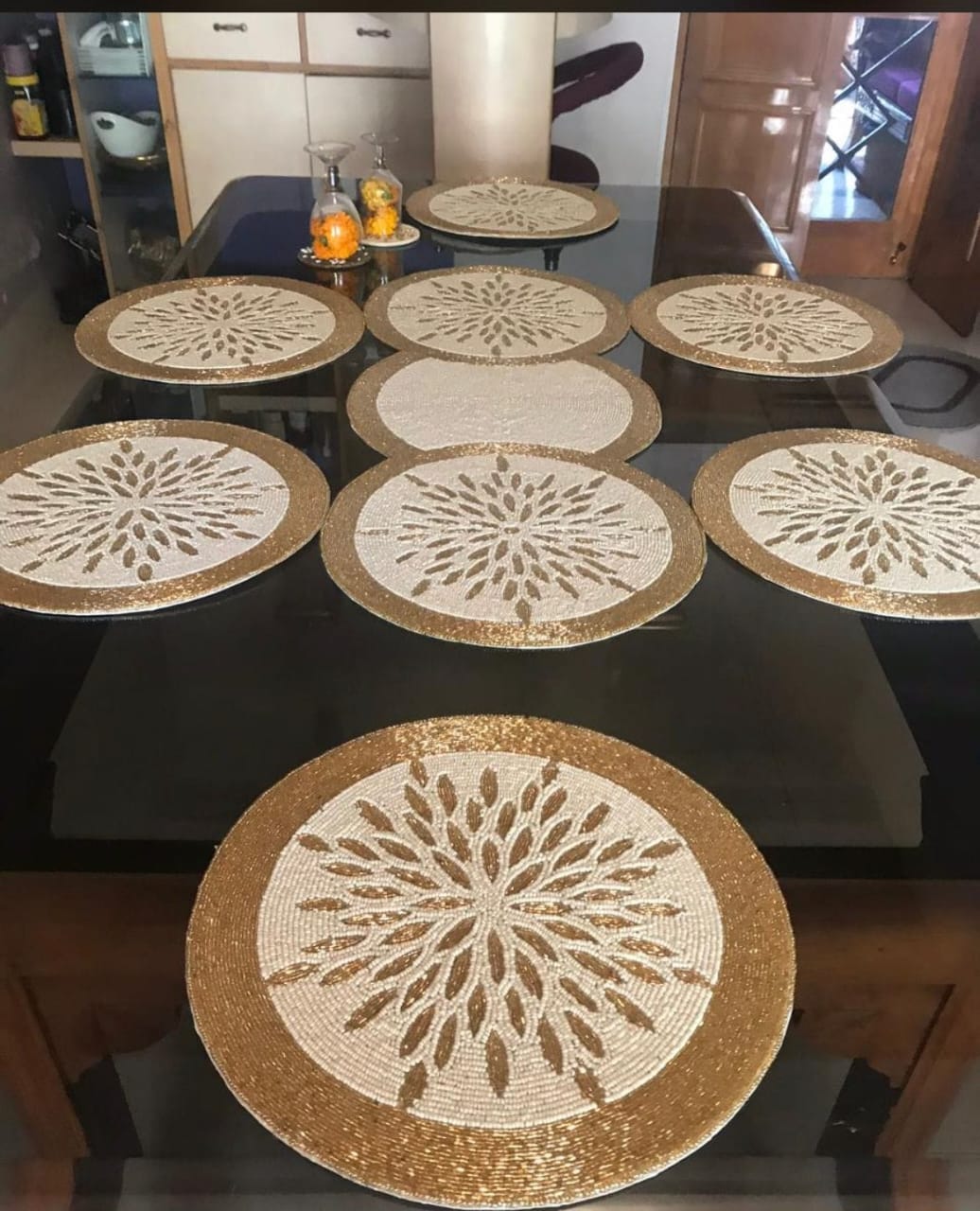 Handcrafted Beaded Table Mats & Runner Set | Elegant Gold & White Dining Decor