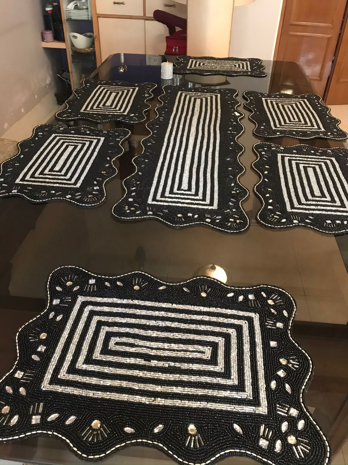 Elegant Black & Silver Beaded Table Runner & Mats Set – Handcrafted
