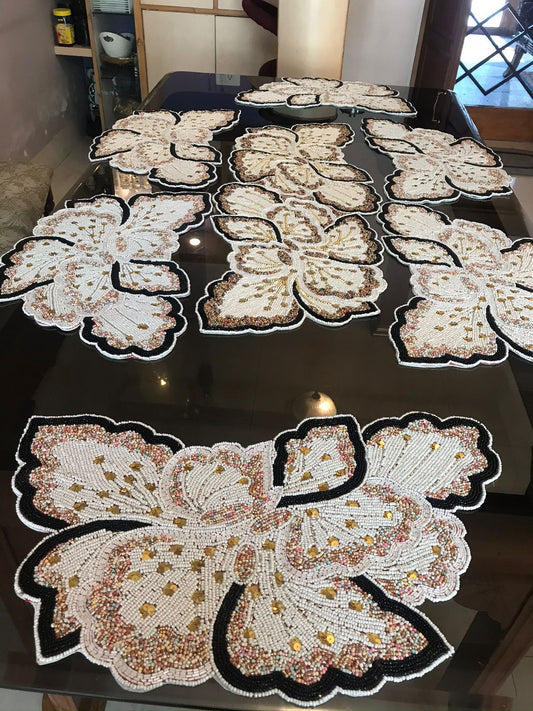 Hand-Beaded Floral Table Runner & Mat Set | Elegant Dining Decor