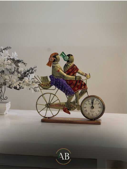 Handcrafted Metal Couple on Bicycle Table Clock – Artistic Home Décor