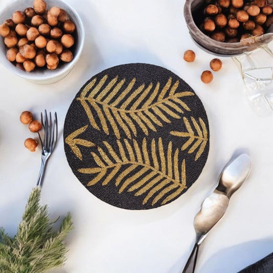 Elegant Black & Gold Beaded Leaf Table Mat – Handcrafted Round Placemat