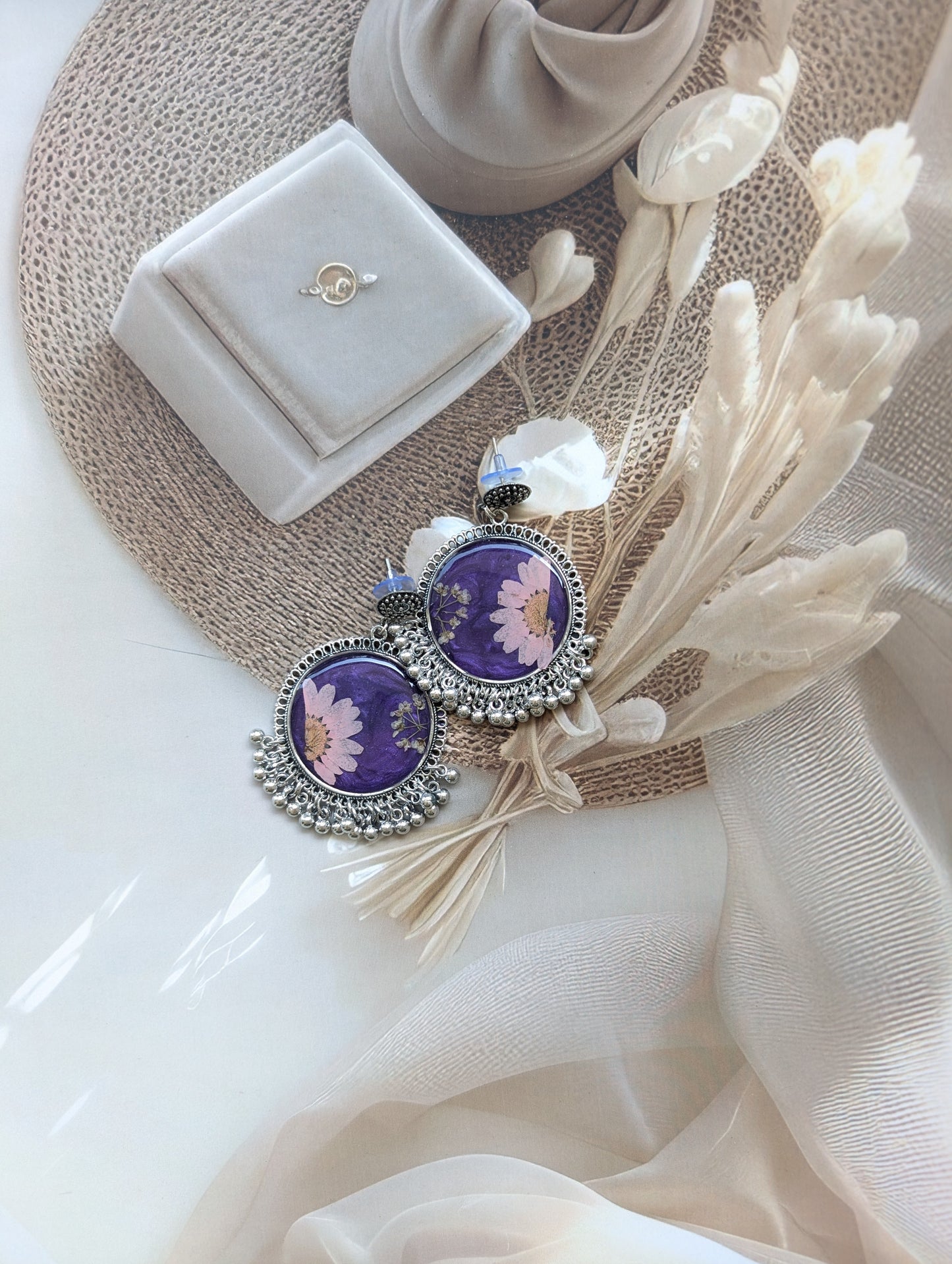 Jhumka Style Pressed Flower Resin Earrings - Deep Purple Dangle Earrings