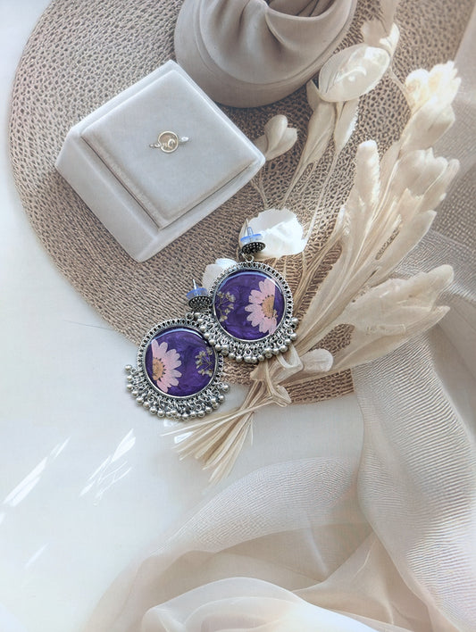 Jhumka Style Pressed Flower Resin Earrings - Deep Purple Dangle Earrings