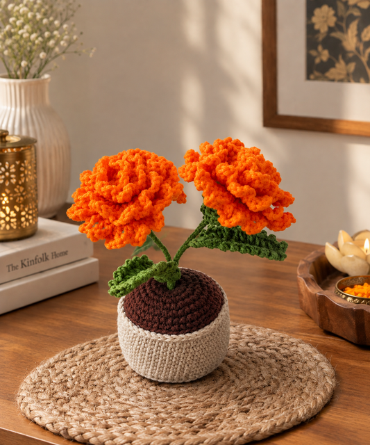 Handknitted Crochet Marigold Flower Pot | Handmade Floral Table Decor