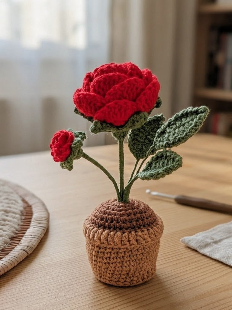 Amigurumi Rose Flower Pot – Handmade Gift for Her